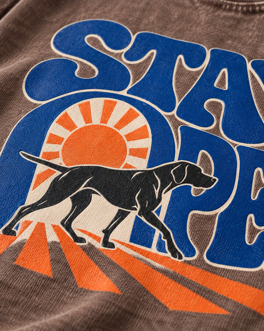 Stay Open German Shorthaired Pointer Washed Tee in Coffee, close-up of the graphic