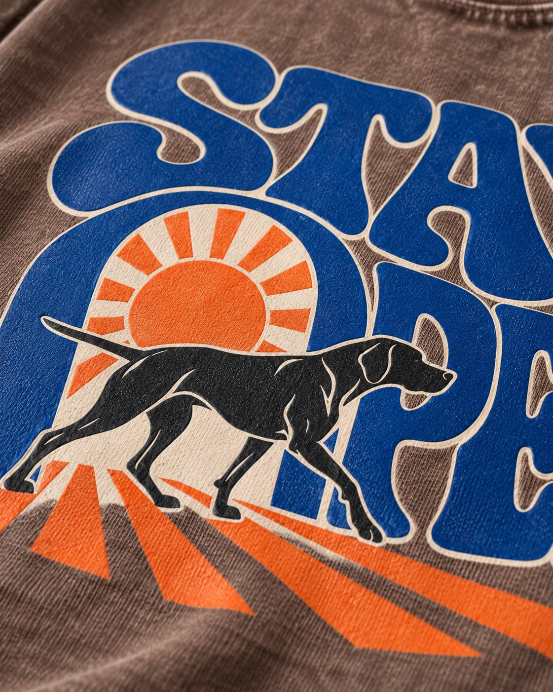 Stay Open German Shorthaired Pointer Washed Tee in Coffee, close-up of the graphic