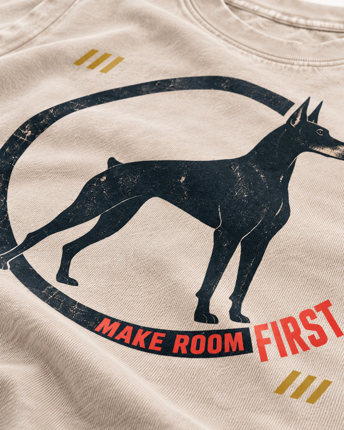 Make Room First Doberman Washed Tee in Apricot, close-up of the graphic