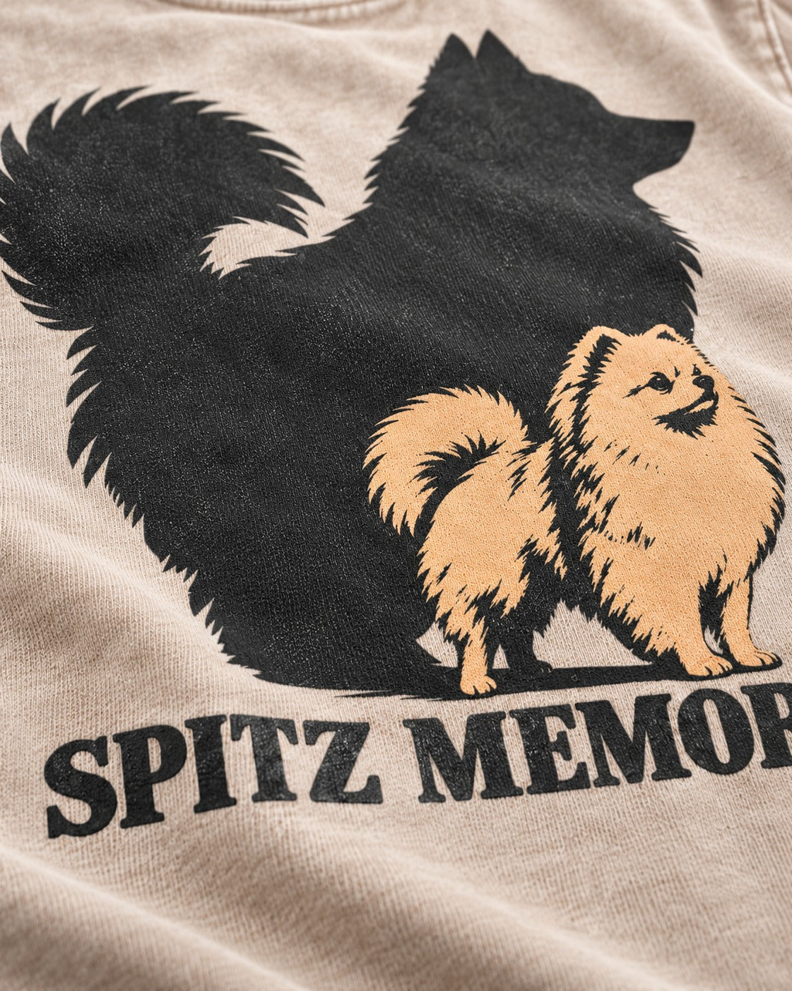 Pomeranian Spitz Memory Washed Tee in Apricot, close-up of the graphic
