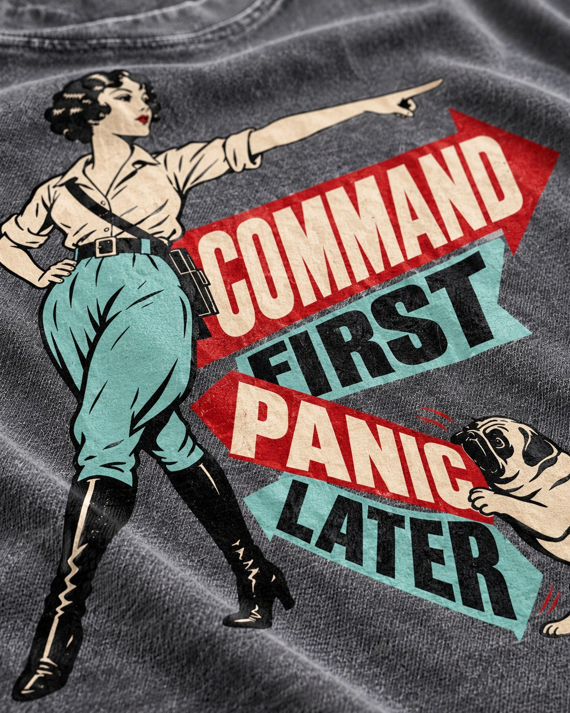 Pug Command First Panic Later Directional Graphic Washed Tee in Gray, close-up of the graphic