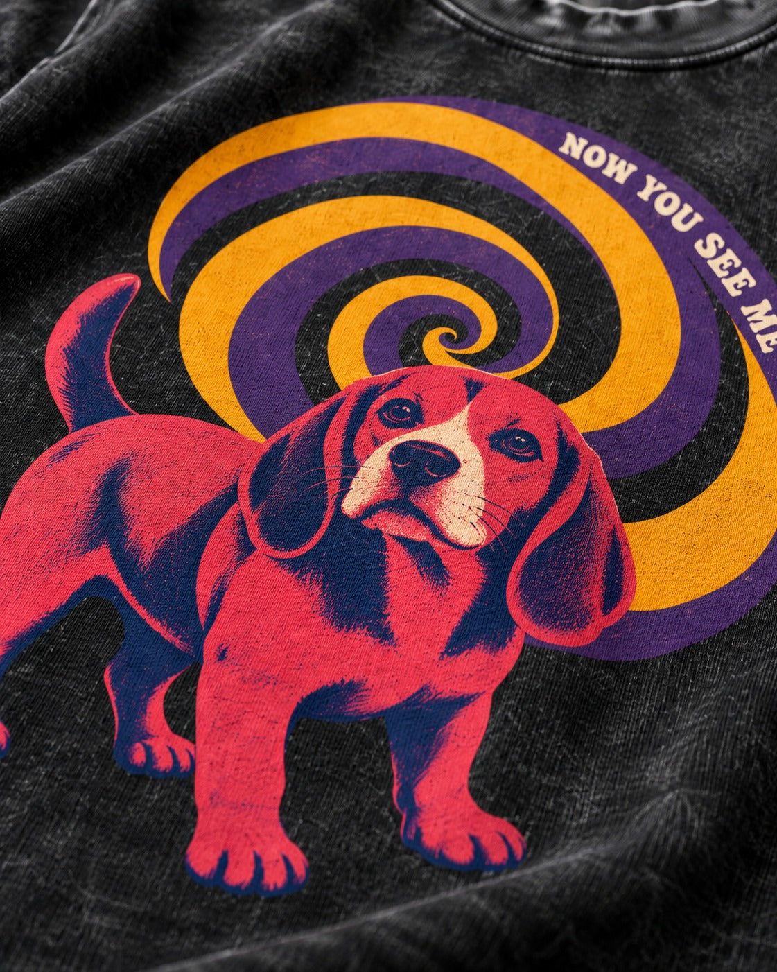 Now You See Me Beagle Spiral Washed Tee in Black, close-up of the graphic