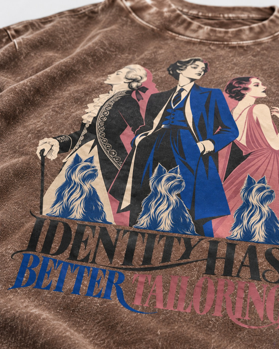 Yorkshire Terrier Identity Has Better Tailoring Washed Tee in Coffee, close-up of the graphic