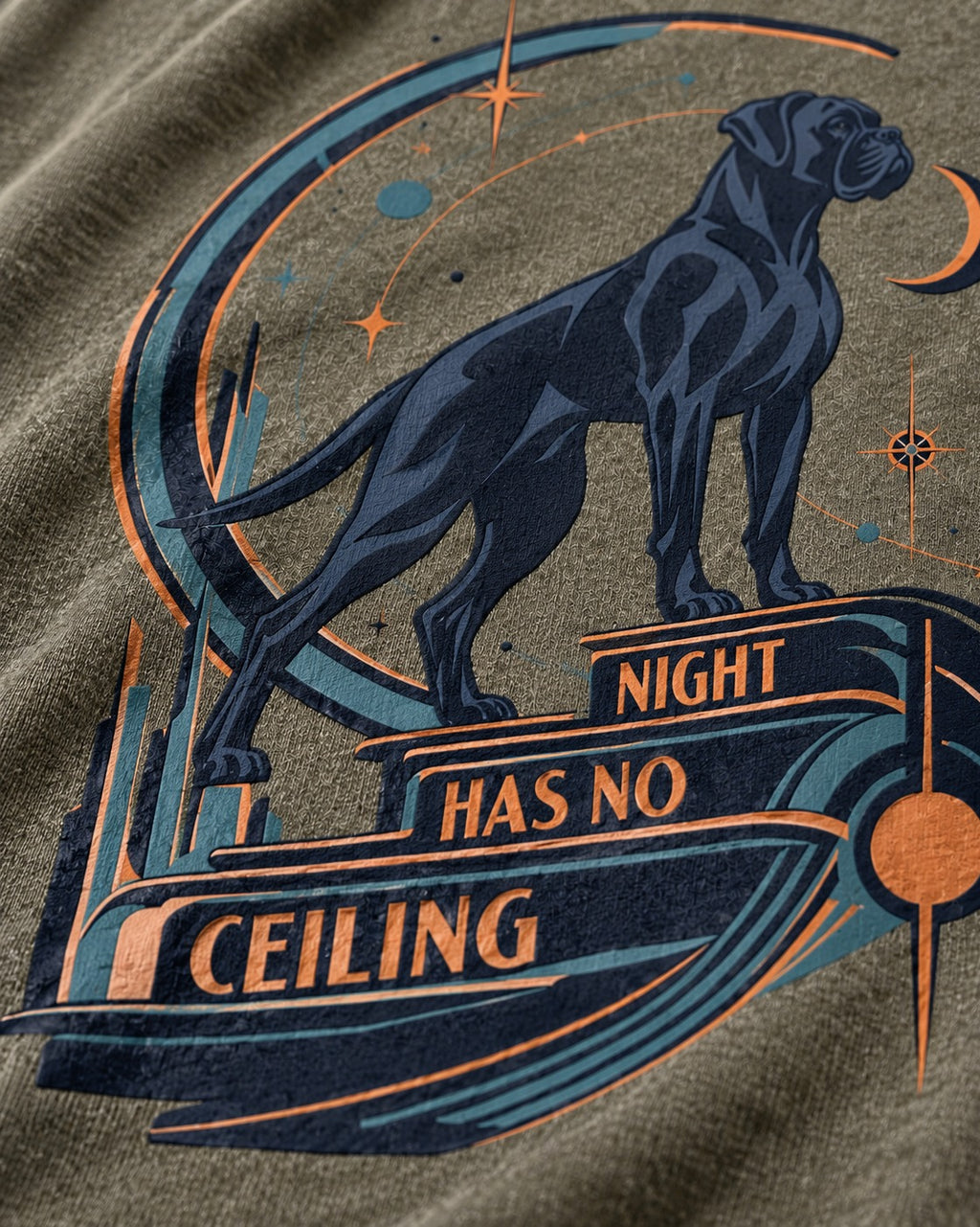 Night Has No Ceiling Boxer Cosmic Graphic Washed Tee in Army Green, close-up of the graphic