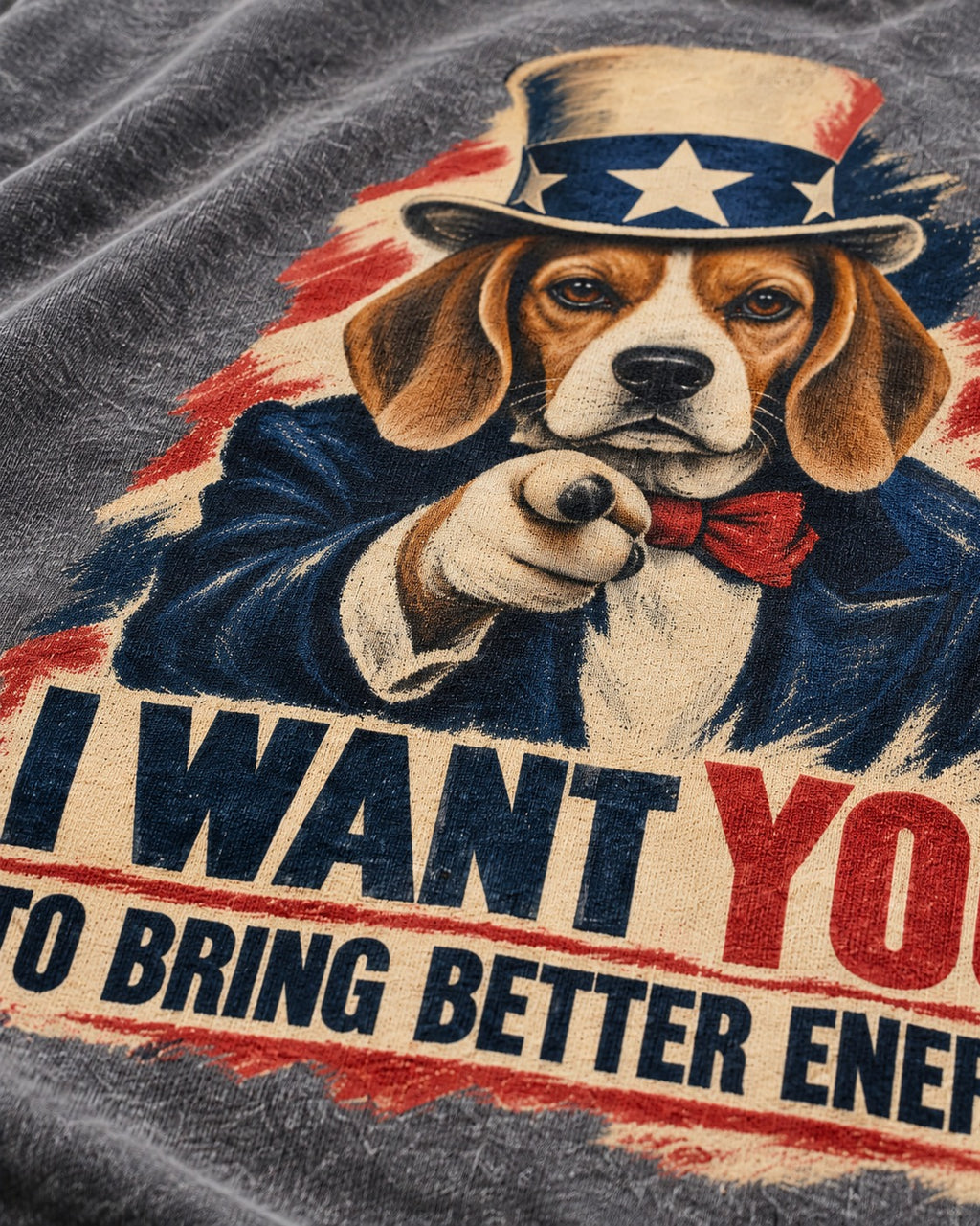 Bring Better Energy Beagle Uncle Sam Washed Tee in Gray, close-up of the graphic