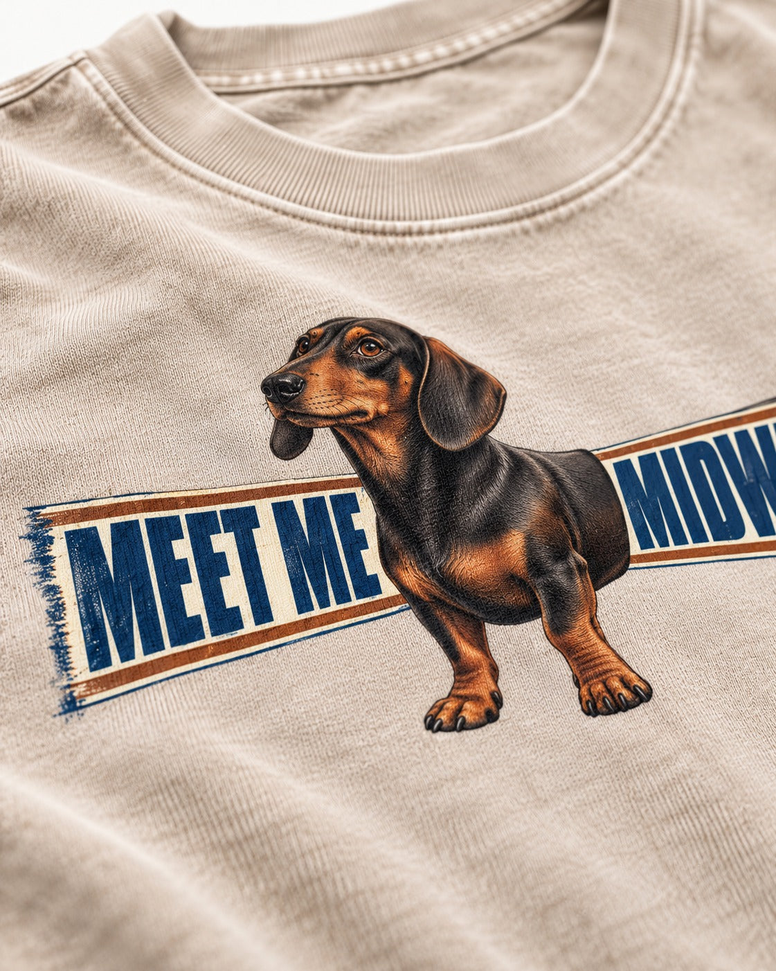 Dachshund Meet Me Midway Washed Tee in Apricot, close-up of the graphic