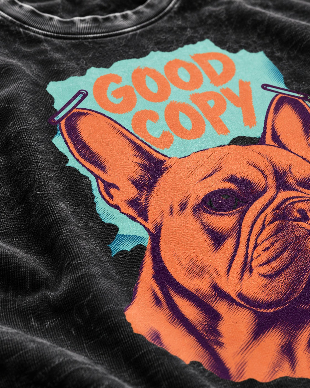 Frenchie Good Copy Stapled Zine Graphic Washed Tee in Black, close-up of the graphic