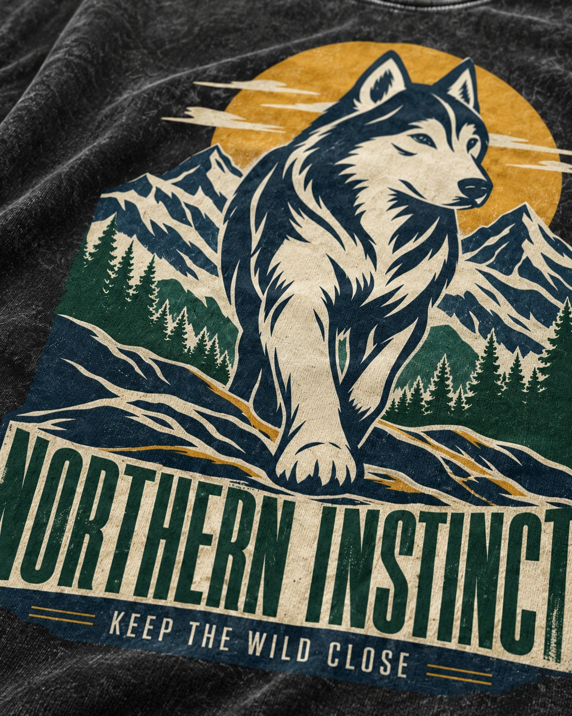 Husky Northern Instinct Mountain Sentinel Washed Tee in Black, close-up of the graphic