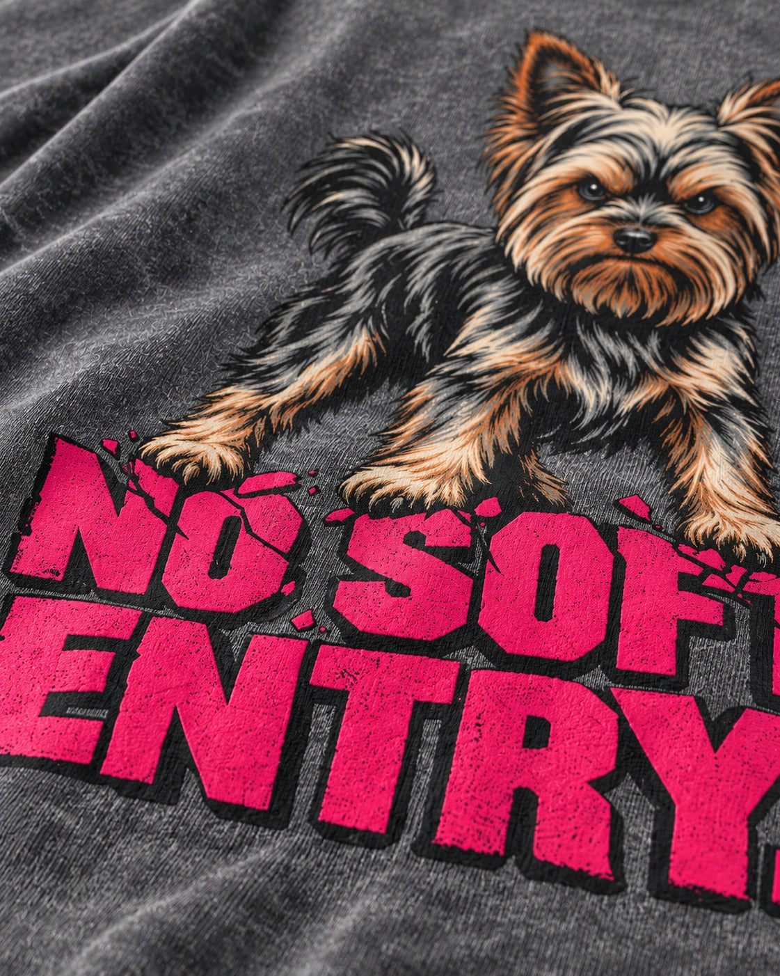 Yorkshire Terrier No Soft Entry Stance Graphic Washed Tee in Gray, close-up of the graphic