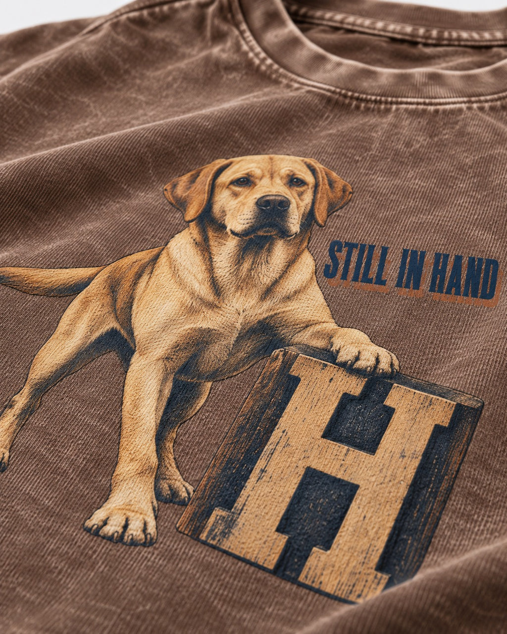 Labrador Retriever Still in Hand Washed Tee in Coffee, close-up of the graphic