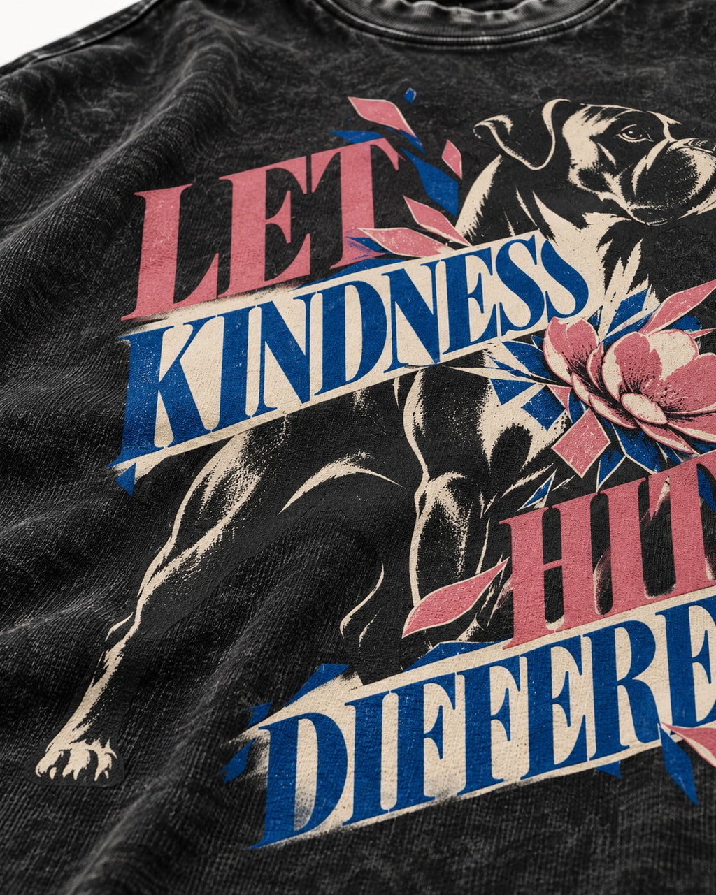 Let Kindness Hit Different Boxer Floral Collage Washed Tee in Black, close-up of the graphic