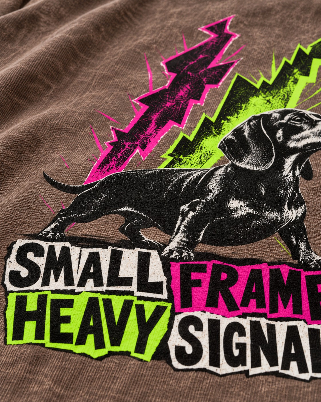 Dachshund Small Frame Heavy Signal Washed Tee in Coffee, close-up of the graphic