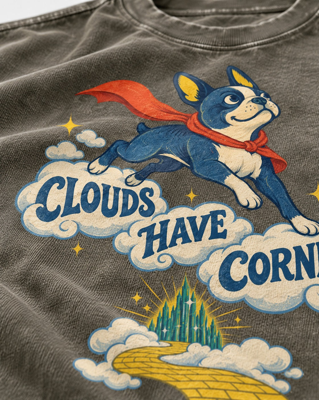 Clouds Have Corners Boston Terrier Washed Tee in Army Green, close-up of the graphic