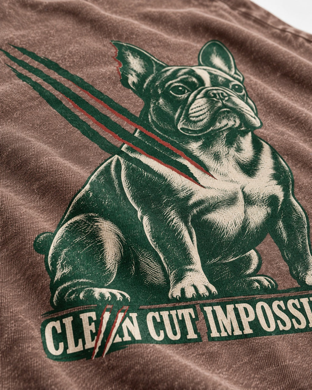 Frenchie Clean Cut Impossible Washed Tee in Coffee, close-up of the graphic