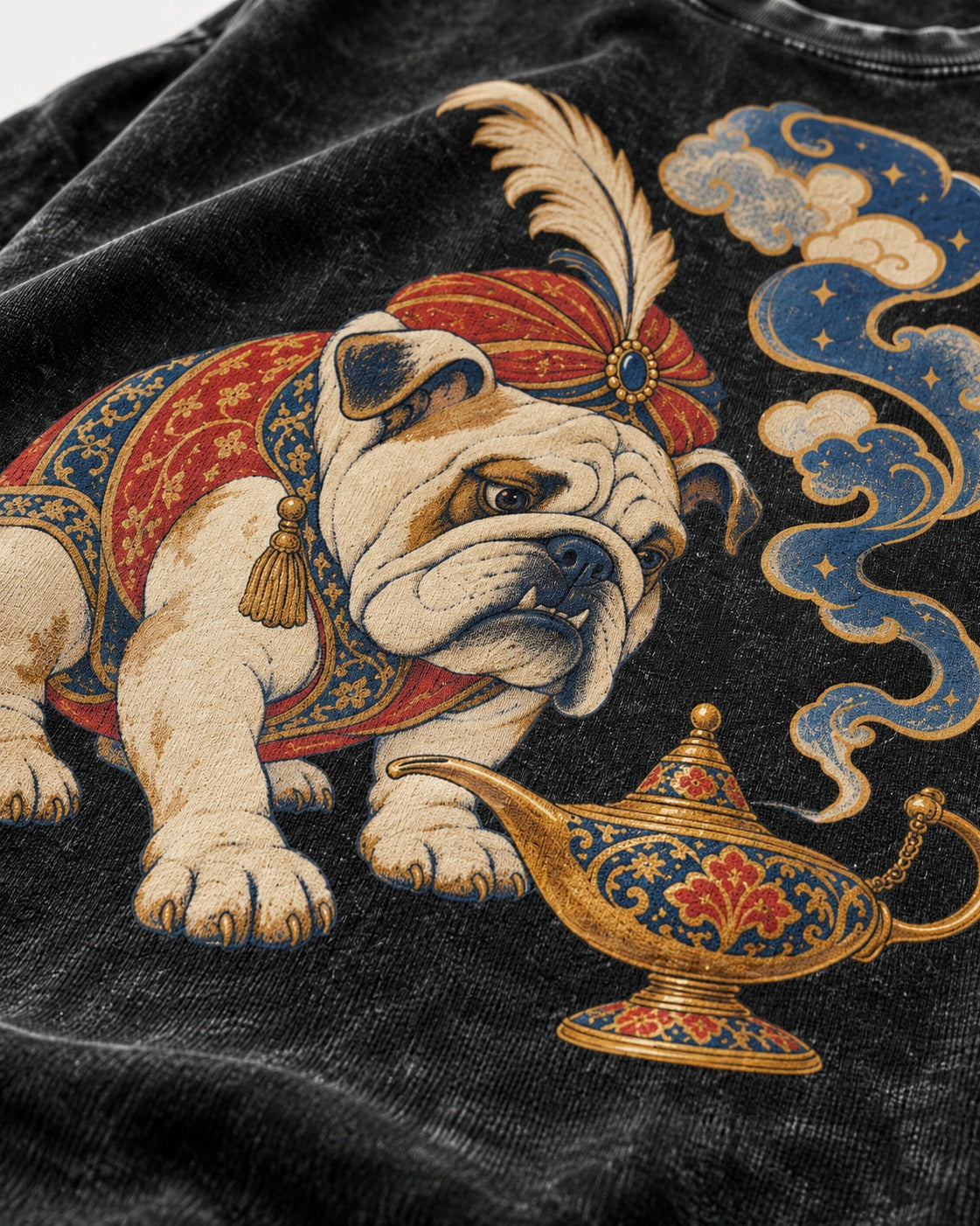 English Bulldog Magic Lamp Genie Graphic Washed Tee in Black, close-up of the graphic