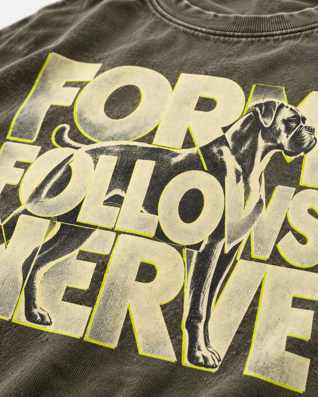 Form Follows Nerve Boxer Typography Washed Tee in Army Green, close-up of the graphic