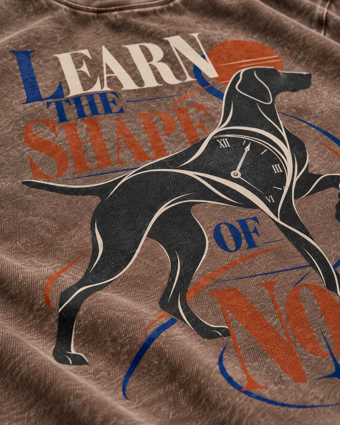 German Shorthaired Pointer Learn the Shape of Now Clock Graphic Washed Tee in Coffee, close-up of the graphic