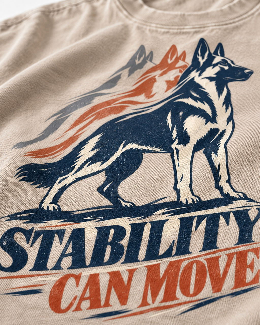 Stability Can Move German Shepherd Dog Washed Tee in Apricot, close-up of the graphic