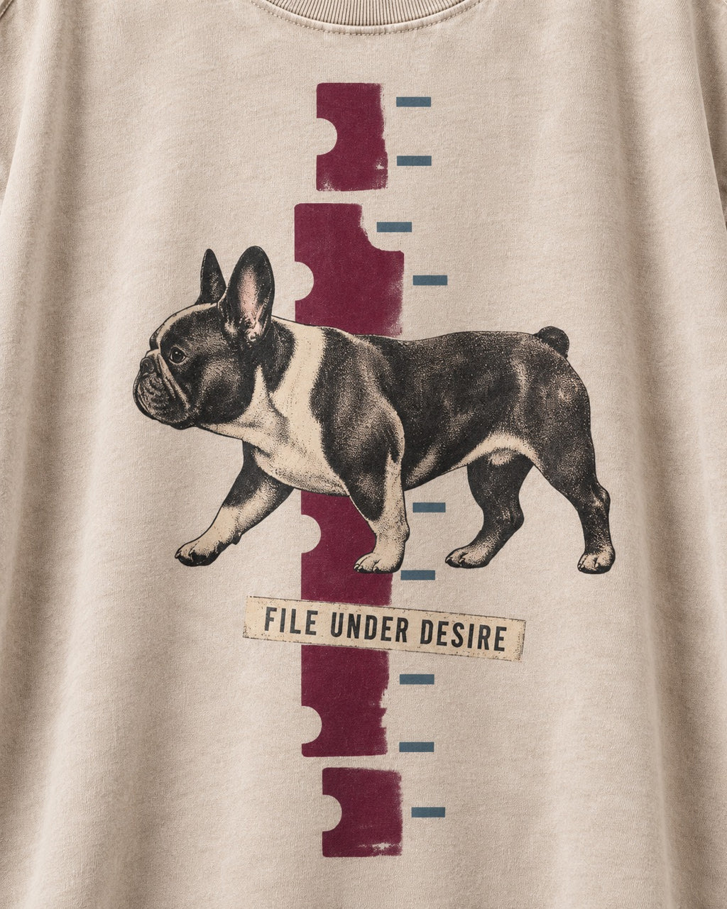 File Under Frenchie Desire Washed Tee in Apricot, close-up of the graphic