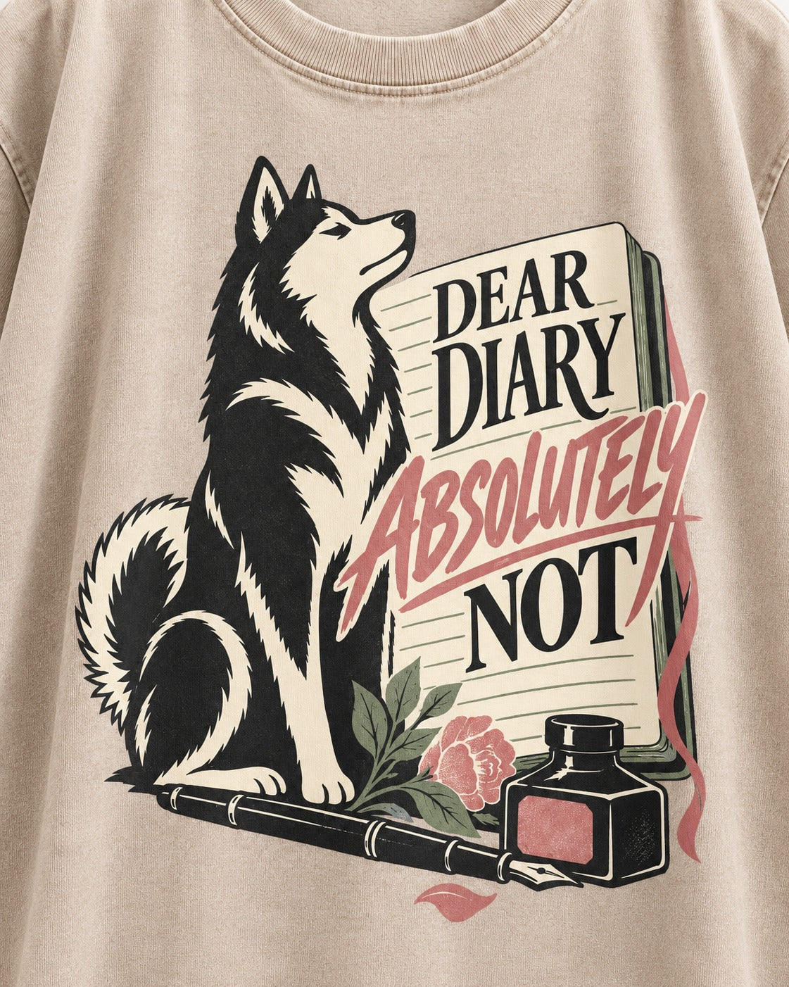 Husky Absolutely Not Washed Tee in Apricot, close-up of the graphic