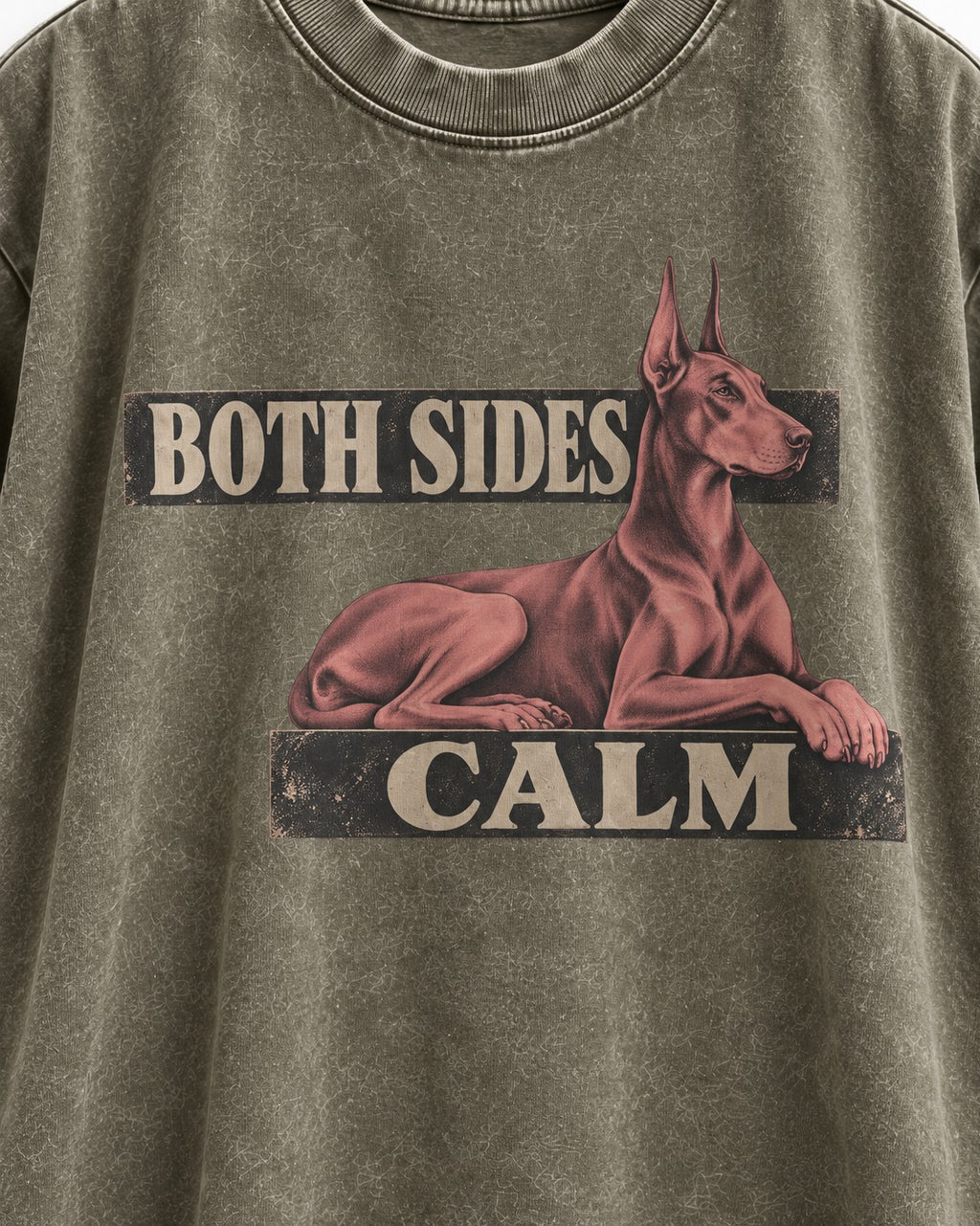 Doberman Both Sides Calm Banner Washed Tee in Army Green, close-up of the graphic
