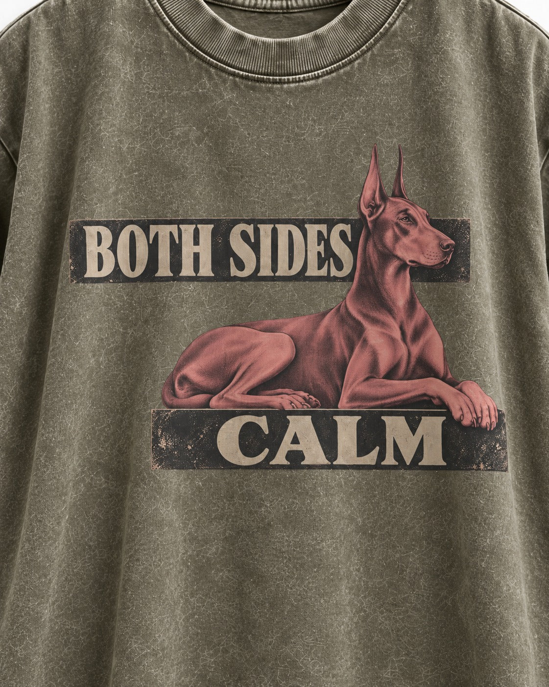 Doberman Both Sides Calm Banner Washed Tee in Army Green, close-up of the graphic