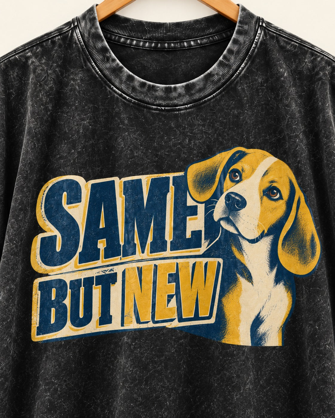 Same Beagle But New Washed Tee in Black, close-up of the graphic