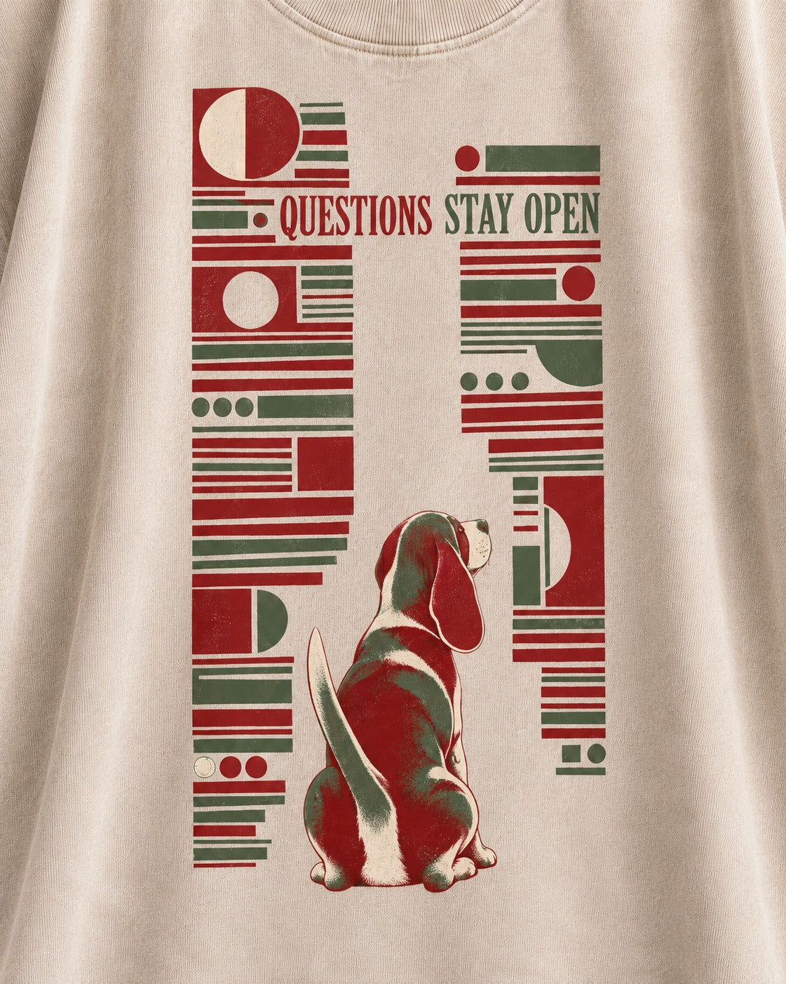 Beagle Questions Stay Open Washed Tee in Apricot, close-up of the graphic