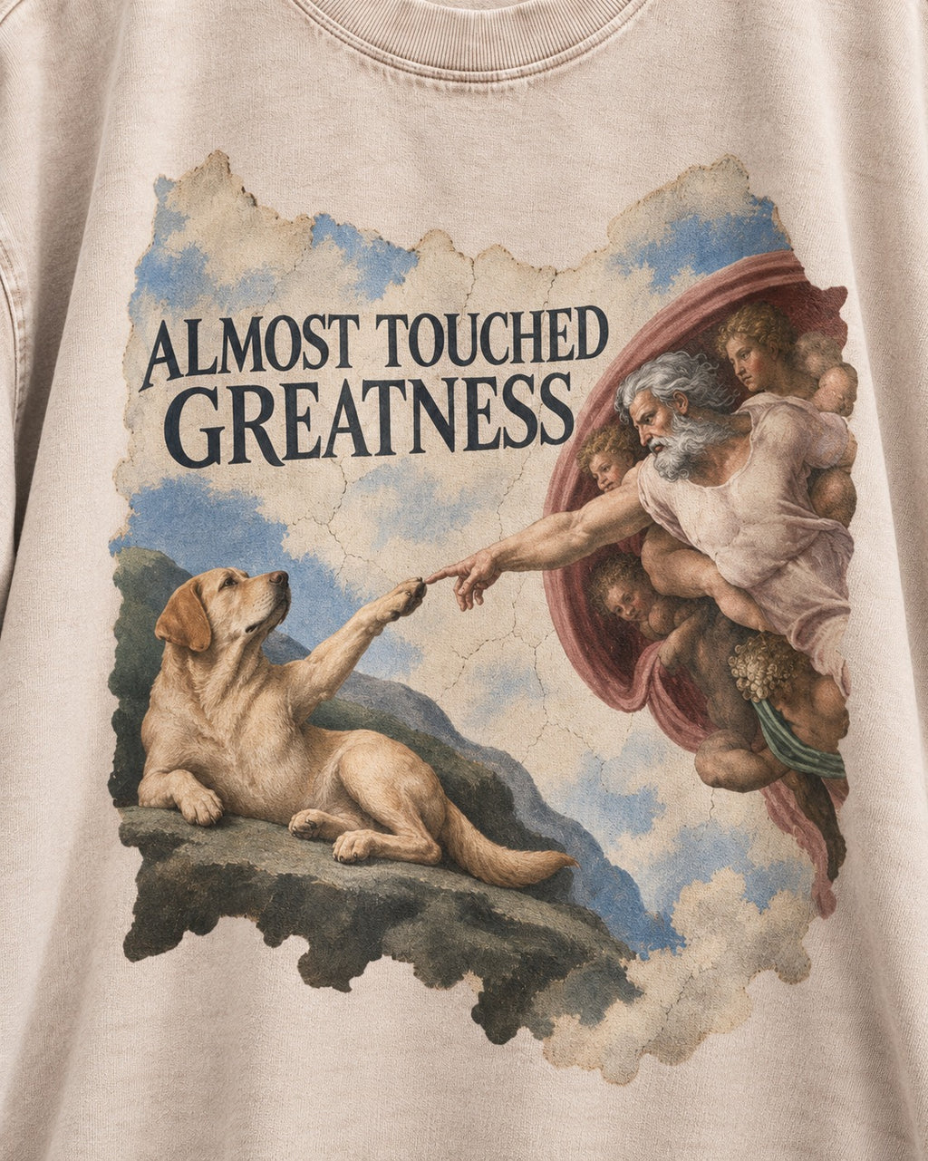 Labrador Retriever Almost Touched Greatness Washed Tee in Apricot, close-up of the graphic