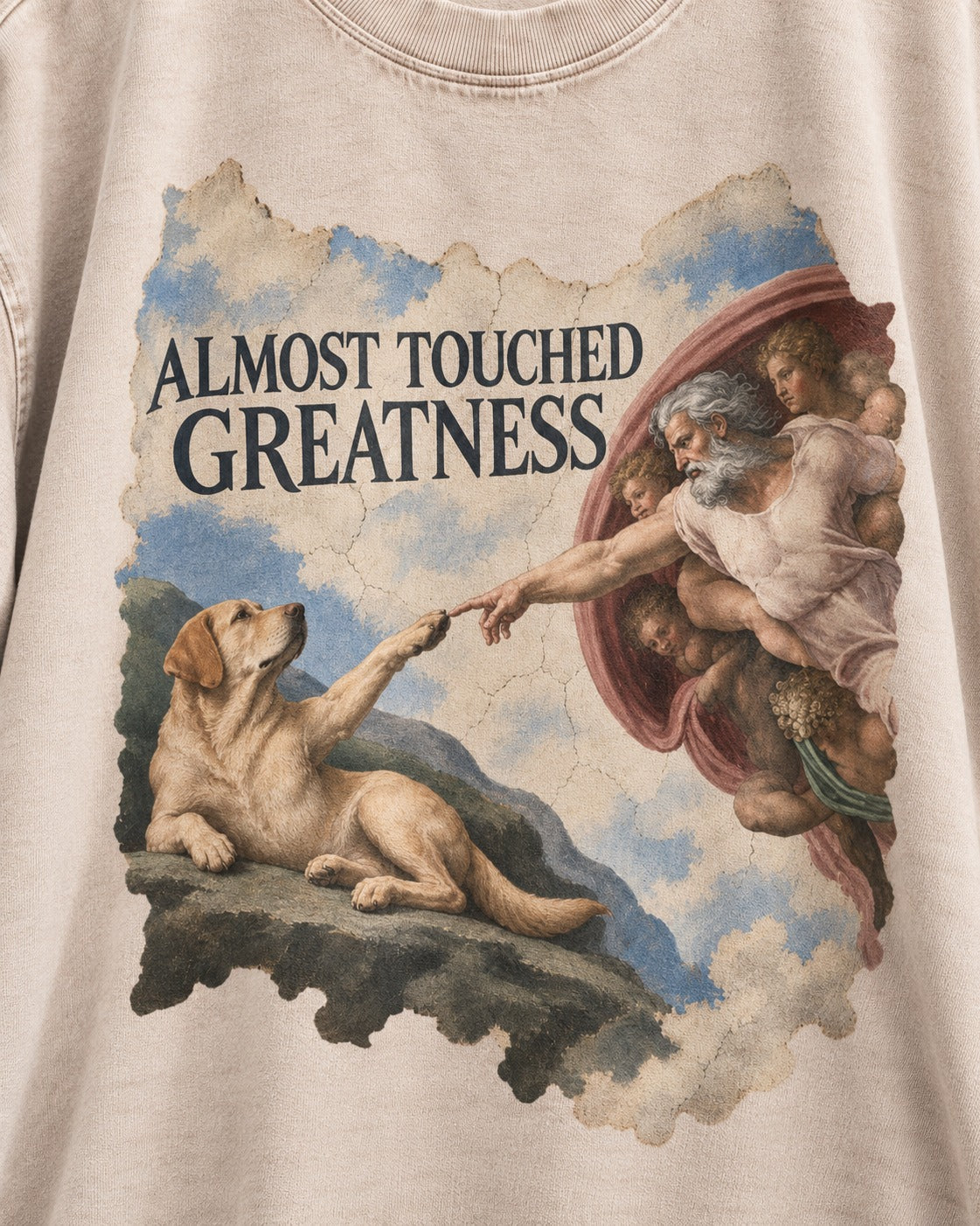 Labrador Retriever Almost Touched Greatness Washed Tee in Apricot, close-up of the graphic