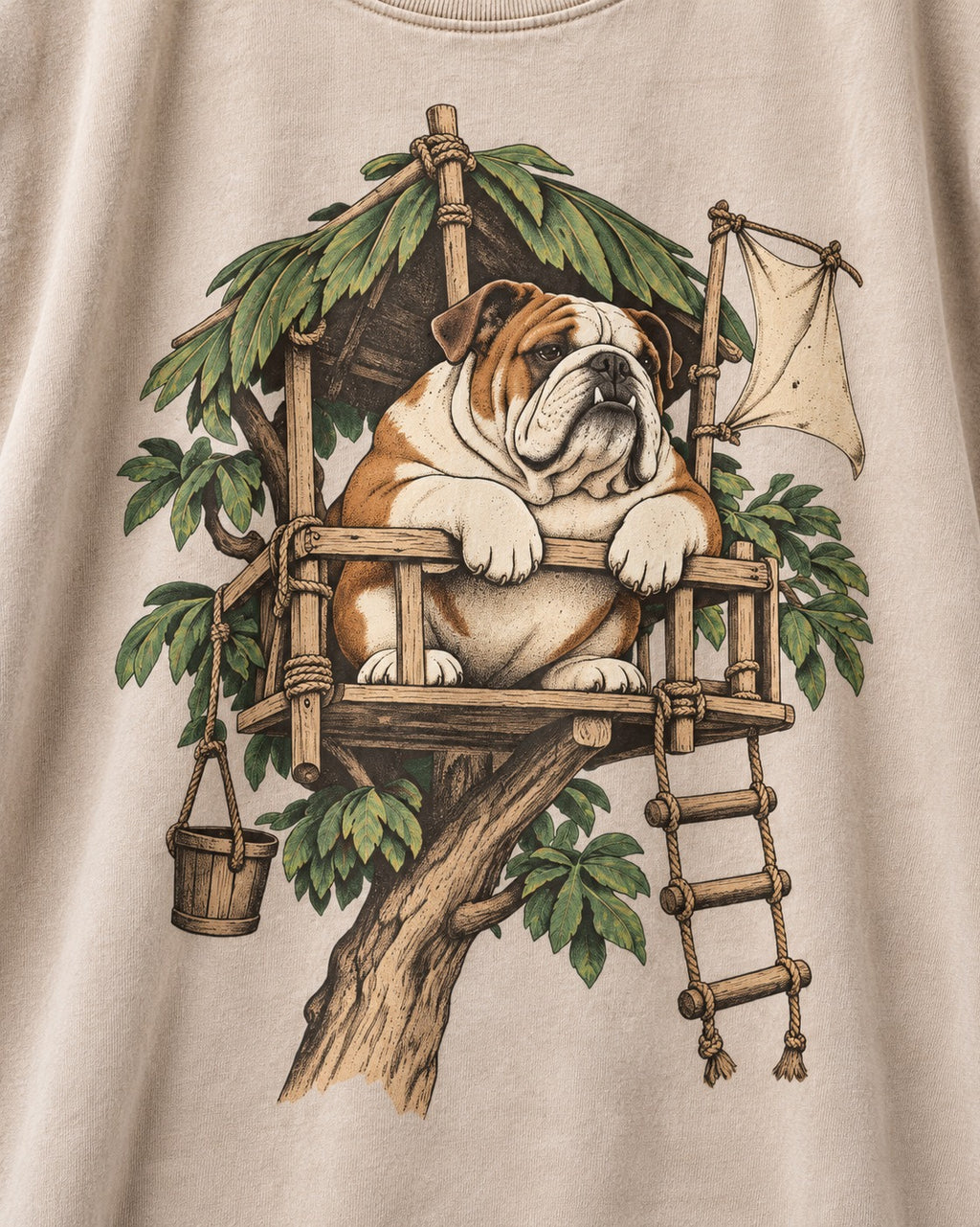 English Bulldog Above It All Washed Tee in Apricot, close-up of the graphic