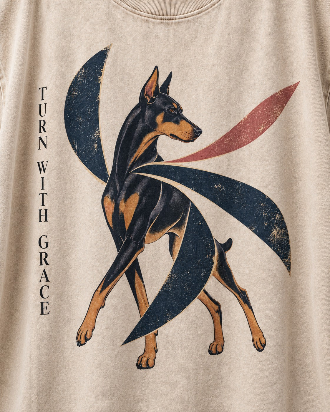Turn with Doberman Grace Washed Tee in Apricot, close-up of the graphic