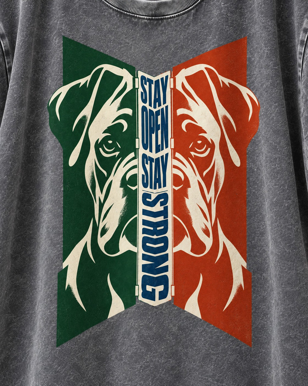 Boxer Stay Open Stay Strong Washed Tee in Gray, close-up of the graphic