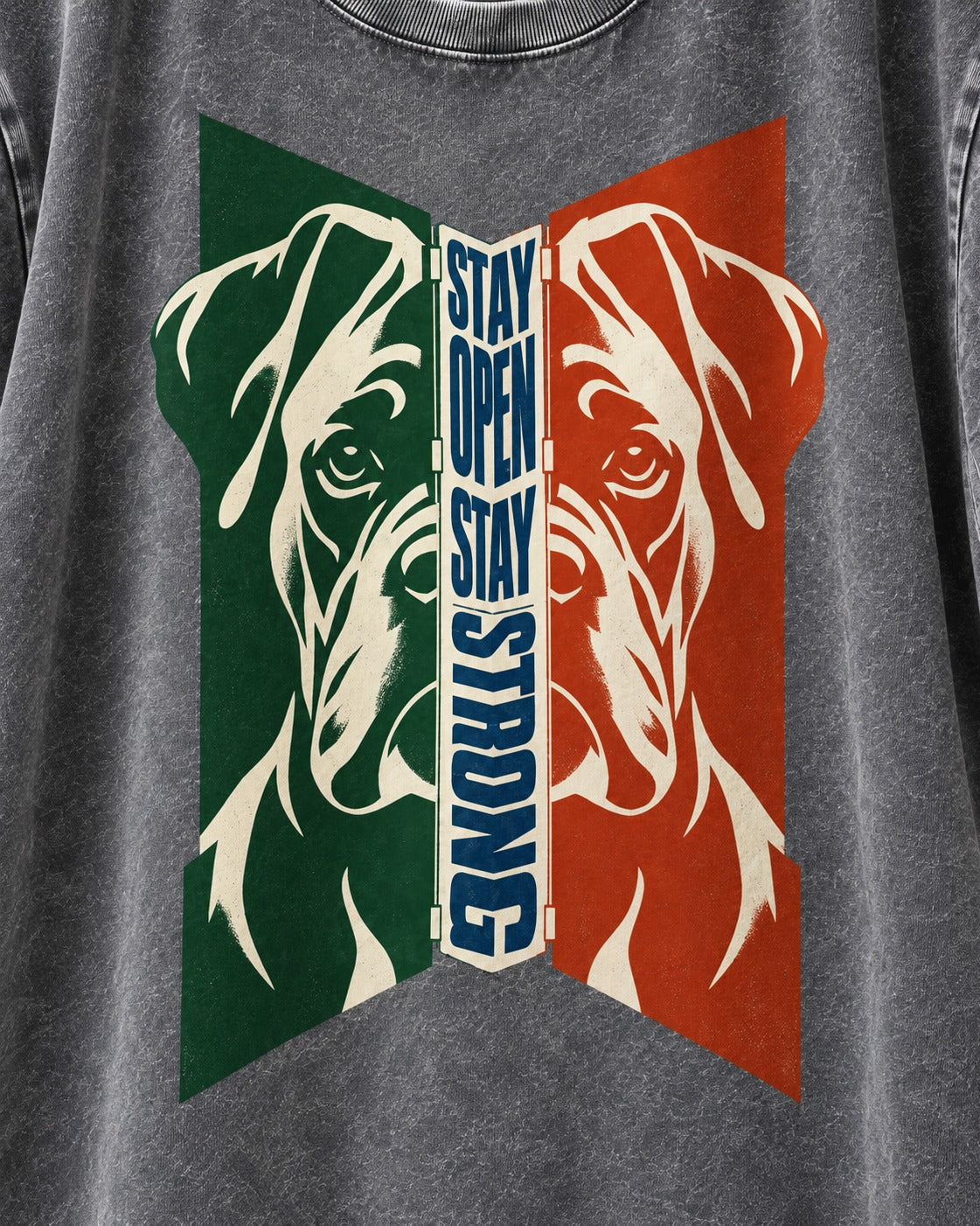 Boxer Stay Open Stay Strong Washed Tee in Gray, close-up of the graphic