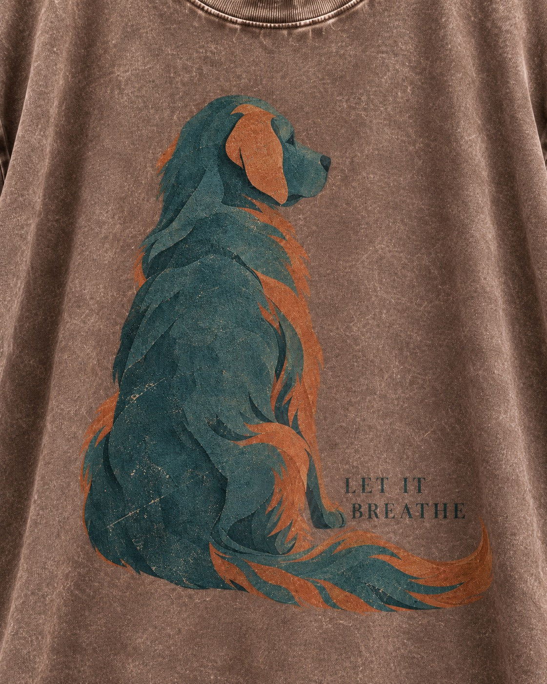 Let It Breathe Golden Retriever Washed Tee in Coffee, close-up of the graphic