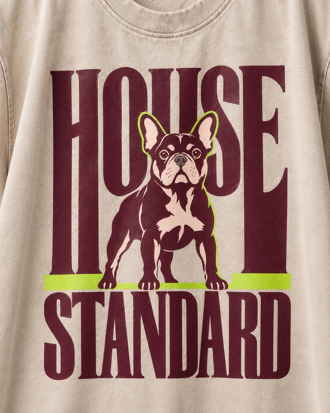Frenchie House Standard Washed Tee in Apricot, close-up of the graphic