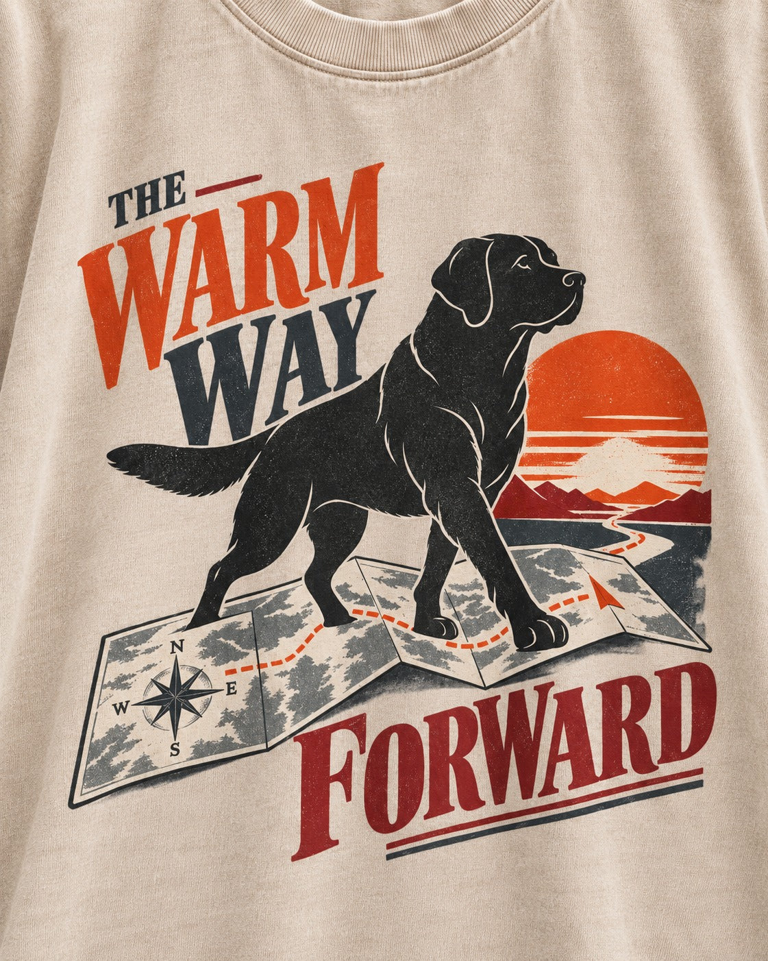 The Warm Way Forward Labrador Retriever Washed Tee in Apricot, close-up of the graphic