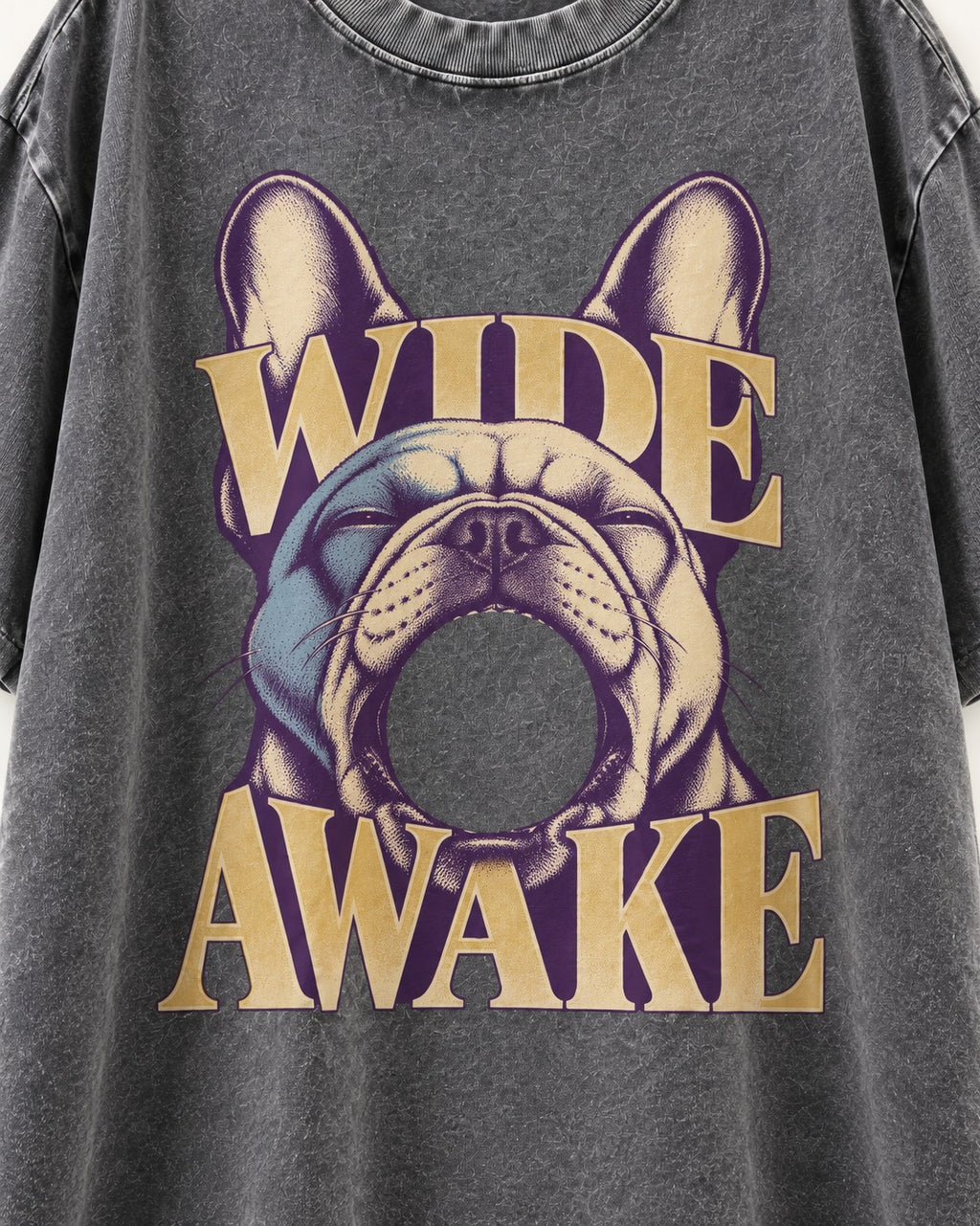 Frenchie Wide Awake Yawn Graphic Washed Tee in Gray, close-up of the graphic