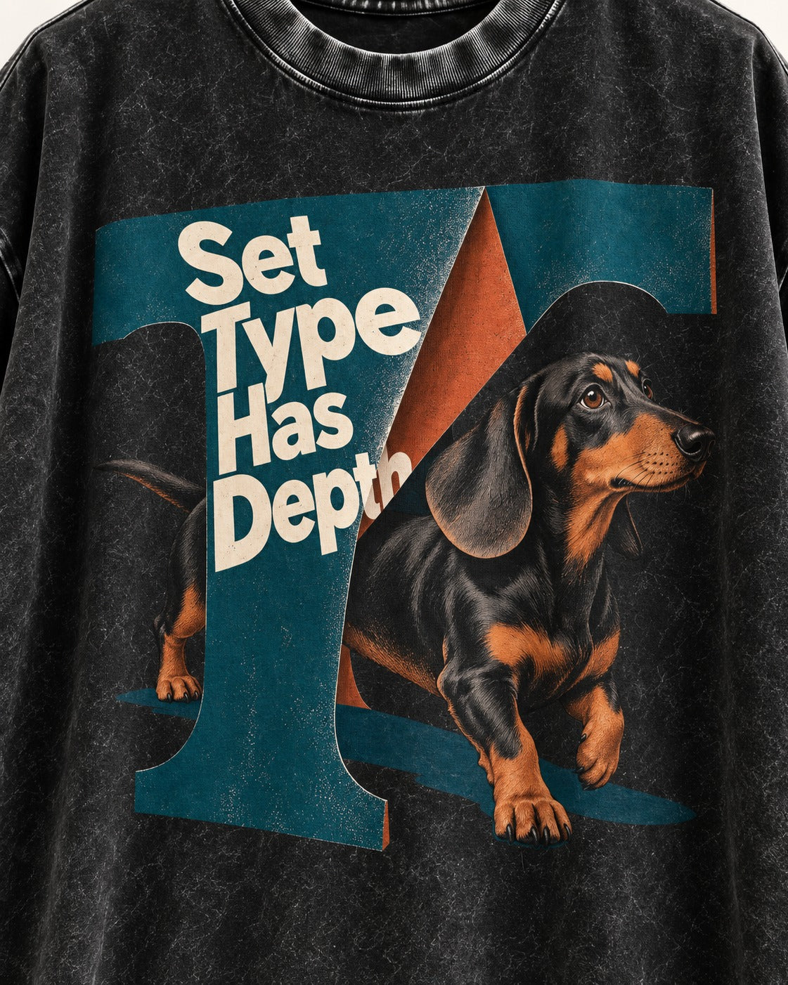 Dachshund Set Type Has Depth Folded Letter Graphic Washed Tee in Black, close-up of the graphic