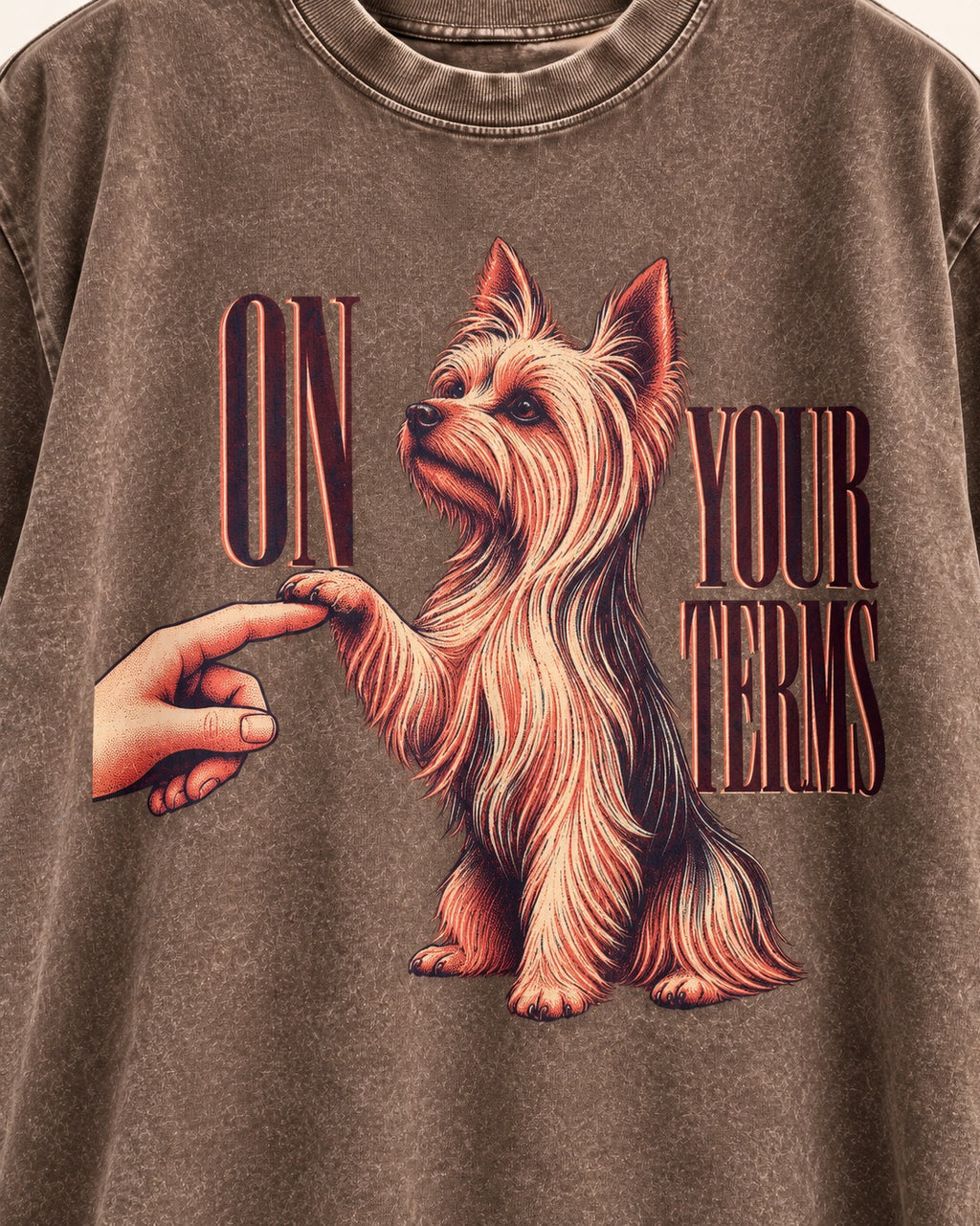 Yorkshire Terrier On Your Terms Washed Tee in Coffee, close-up of the graphic