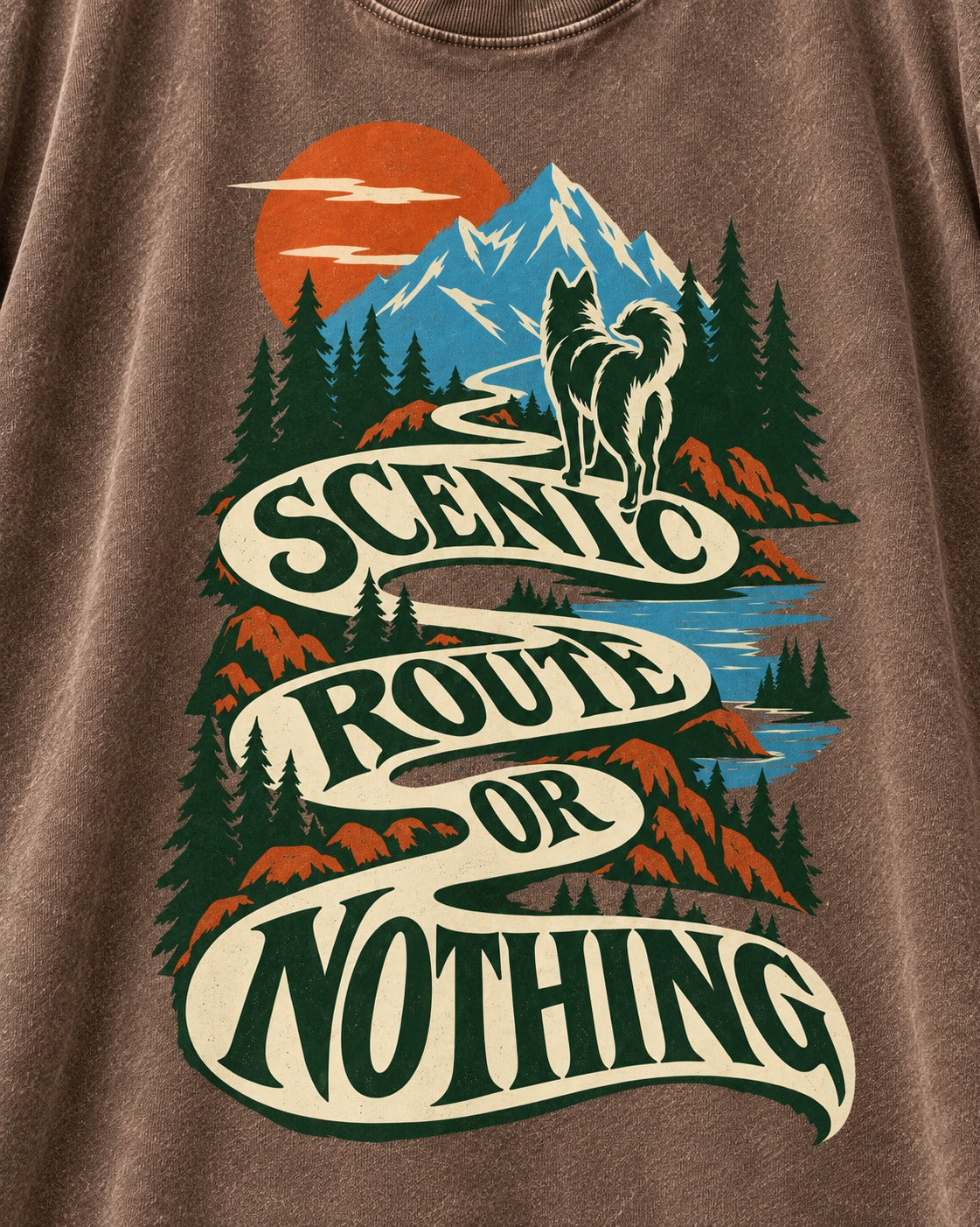 Husky Scenic Route or Nothing Washed Tee in Coffee, close-up of the graphic