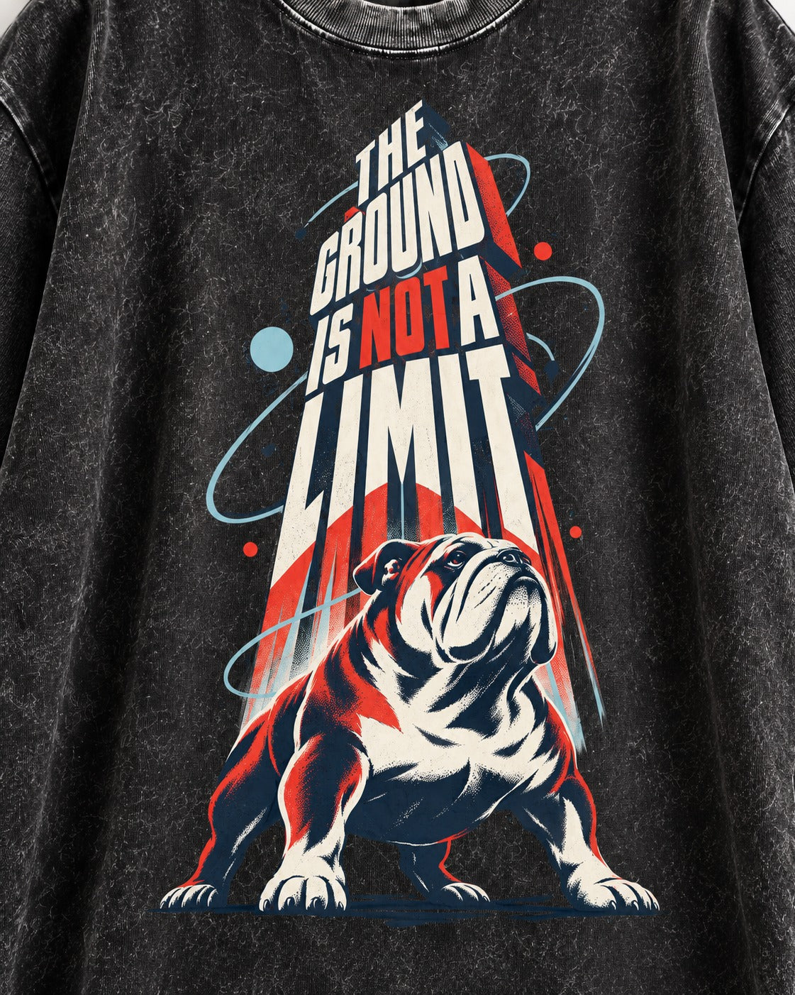 English Bulldog The Ground Is Not a Limit Orbital Graphic Washed Tee in Black, close-up of the graphic