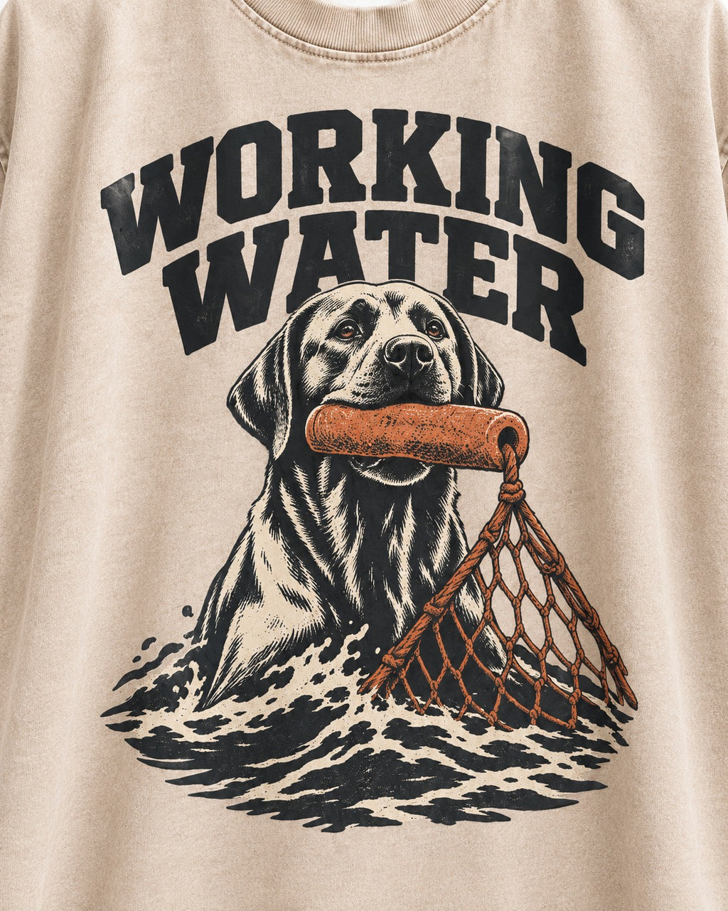 Working Water Labrador Retriever Washed Tee in Apricot, close-up of the graphic