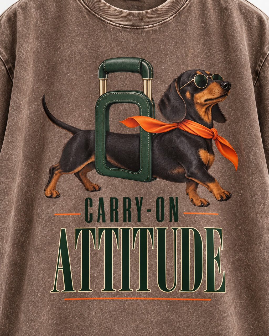 Dachshund Carry on Attitude Washed Tee in Coffee, close-up of the graphic