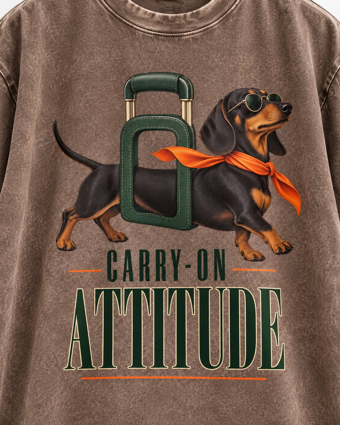Dachshund Carry on Attitude Washed Tee in Coffee, close-up of the graphic