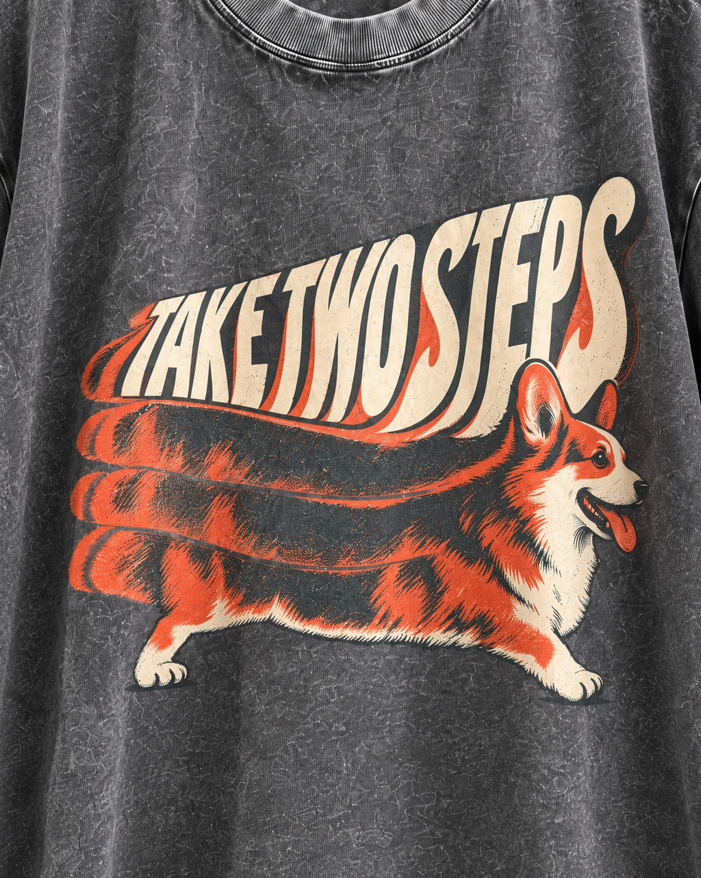 Corgi Take Two Steps Motion Trail Graphic Washed Tee in Gray, close-up of the graphic