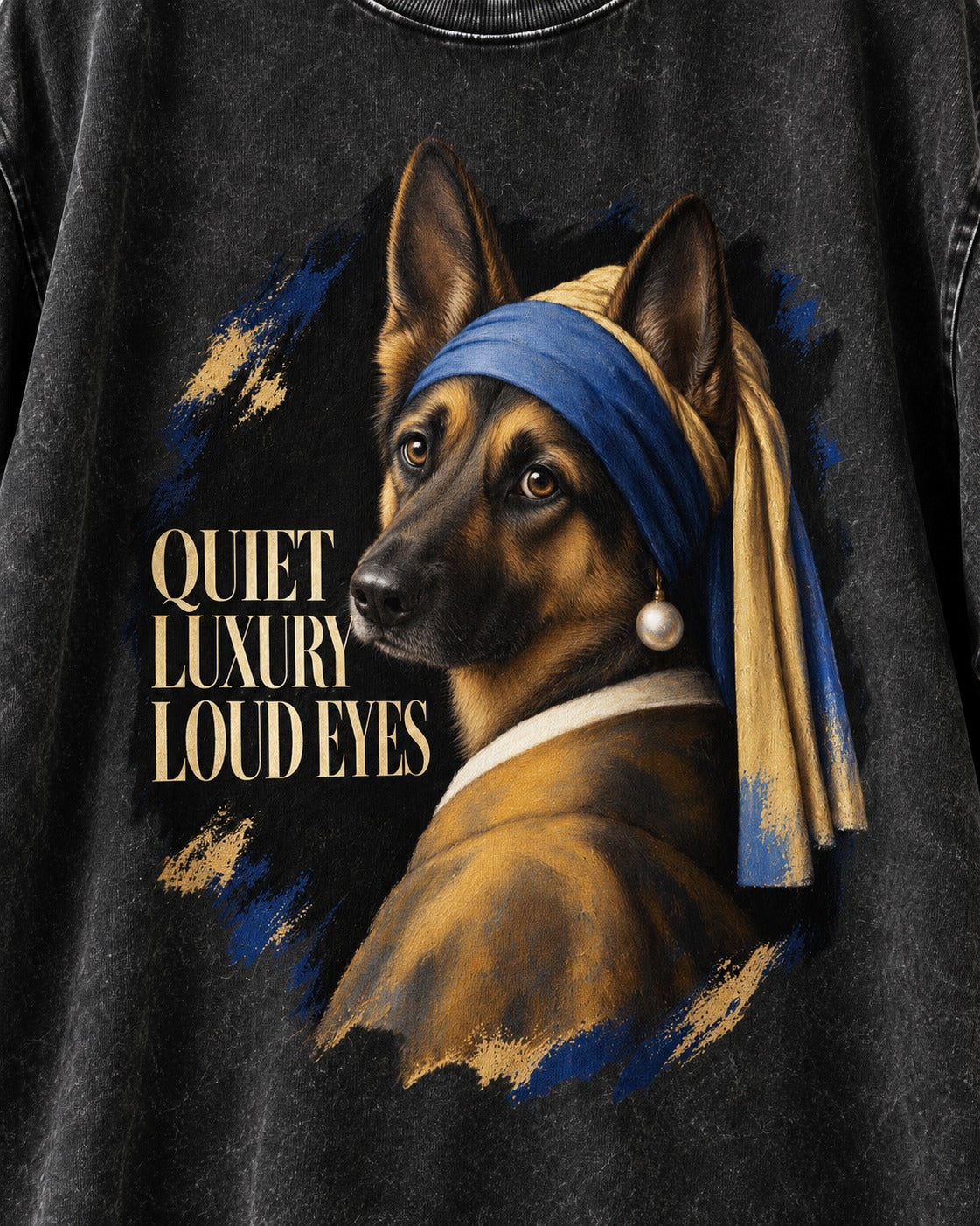 German Shepherd Dog Quiet Luxury Loud Eyes Pearl Portrait Washed Tee in Black, close-up of the graphic