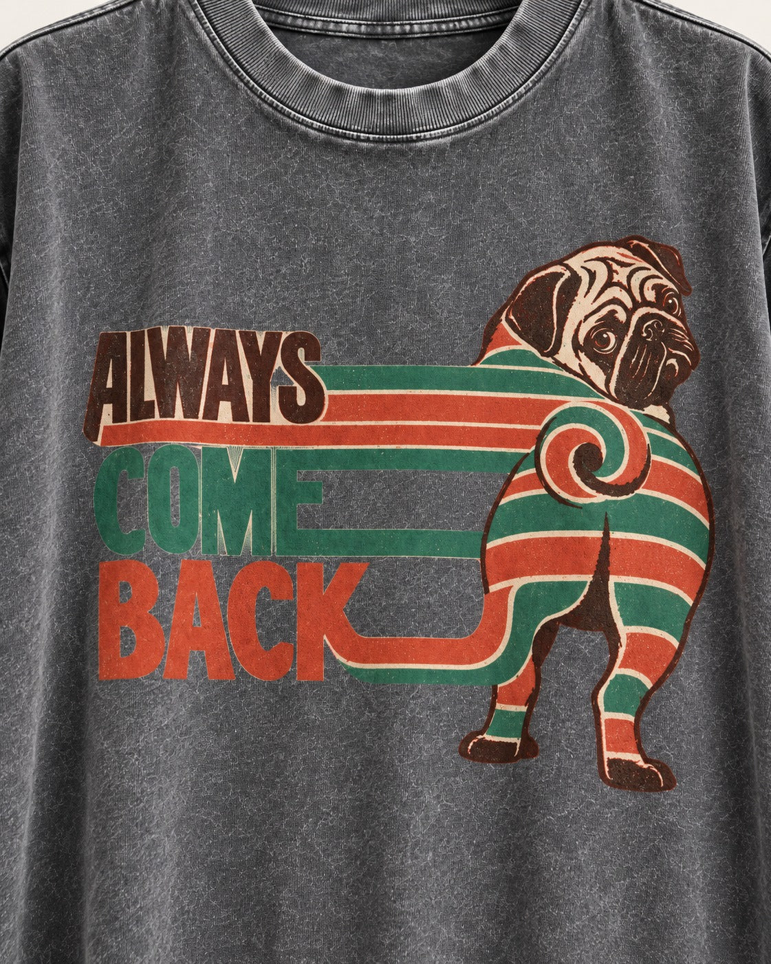 Pug Always Come Back Striped Body Graphic Washed Tee in Gray, close-up of the graphic