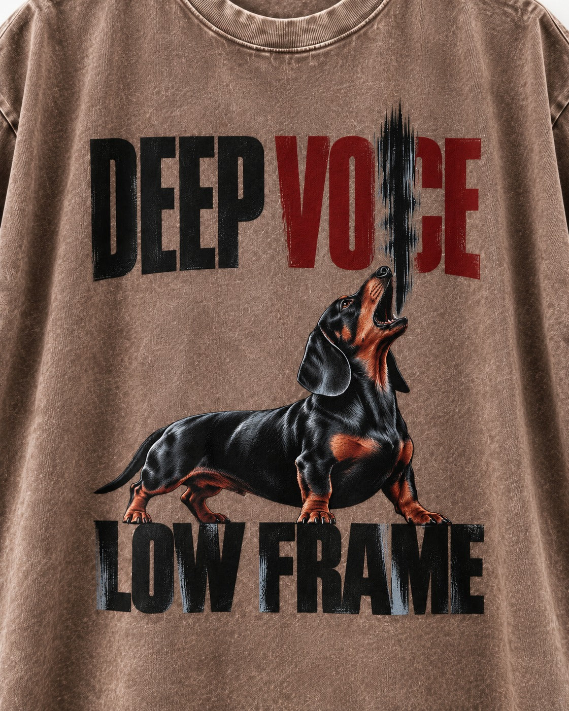 Deep Voice Low Frame Dachshund Washed Tee in Coffee, close-up of the graphic