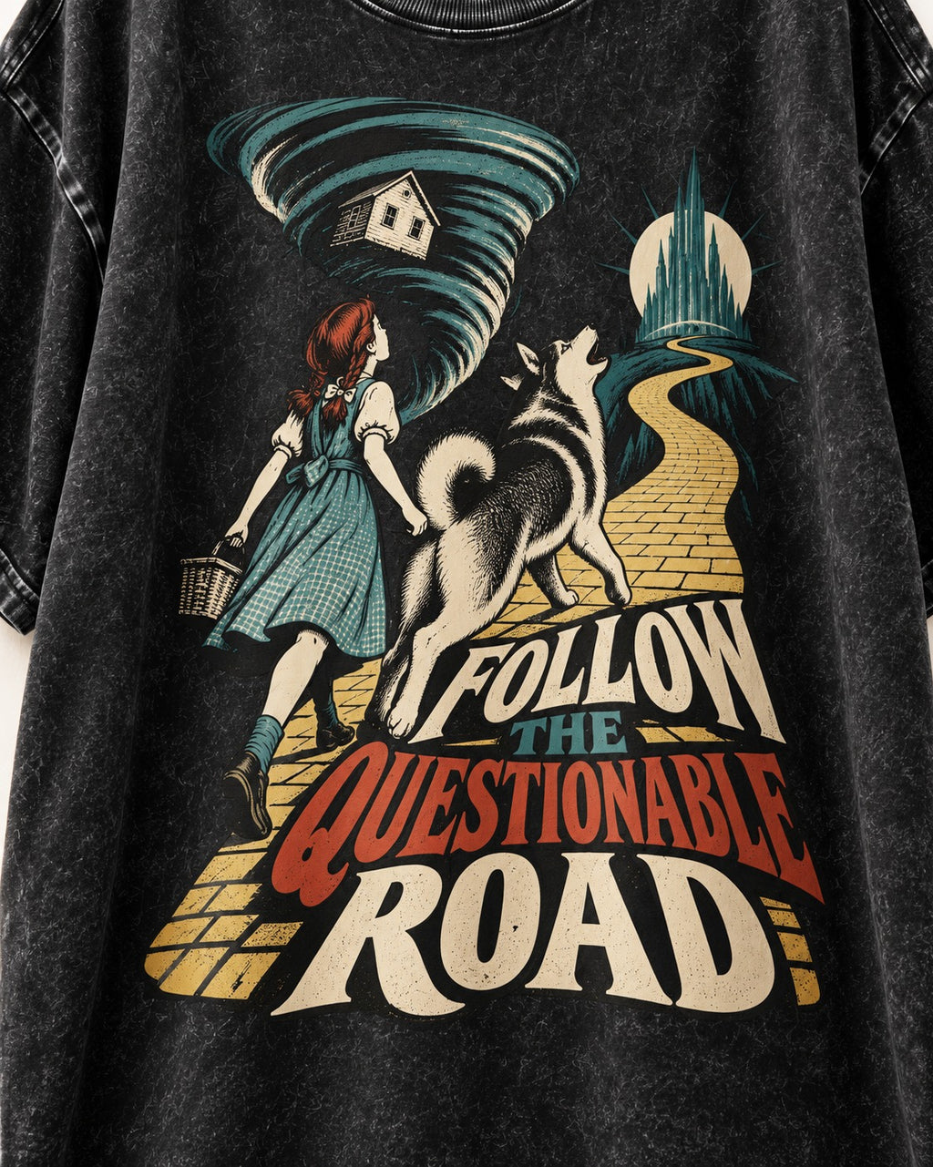 Husky Follow the Questionable Road Tornado Graphic Washed Tee in Black, close-up of the graphic